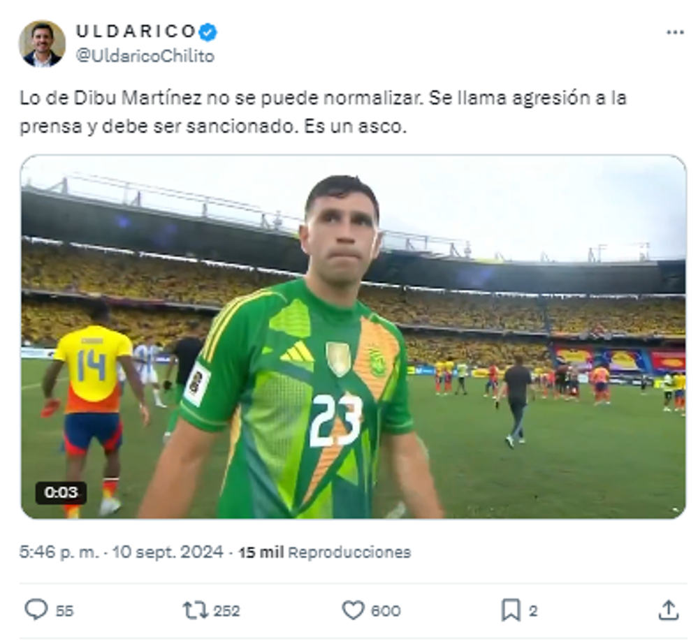 “Lo de Dibu Martínez no se puede normalizar. Se llama agresión a la prensa y debe ser sancionado”, agregan.