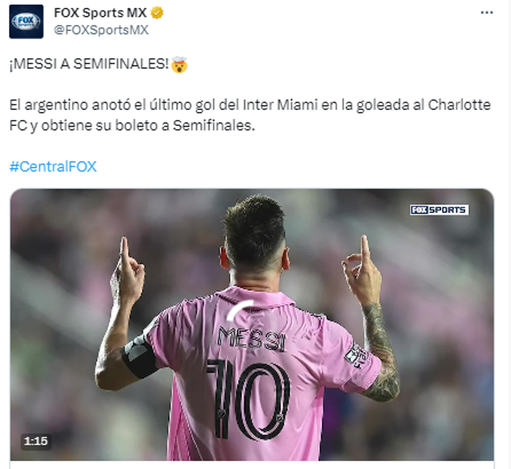 Fox Sports: “El argentino anotó el último gol del Inter Miami en la goleada al Charlotte FC y obtiene su boleto a Semifinales”.