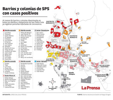 Mapa visualiza las colonias y los barrios de San Pedro Sula donde se han detectado casos de coronavirus.