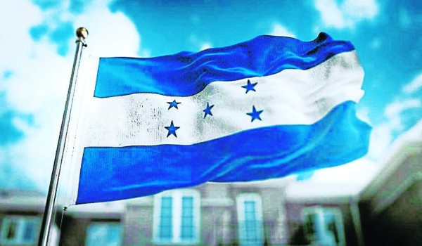 $!Honduras Flag 3D Rendering on Blue Sky Building Background