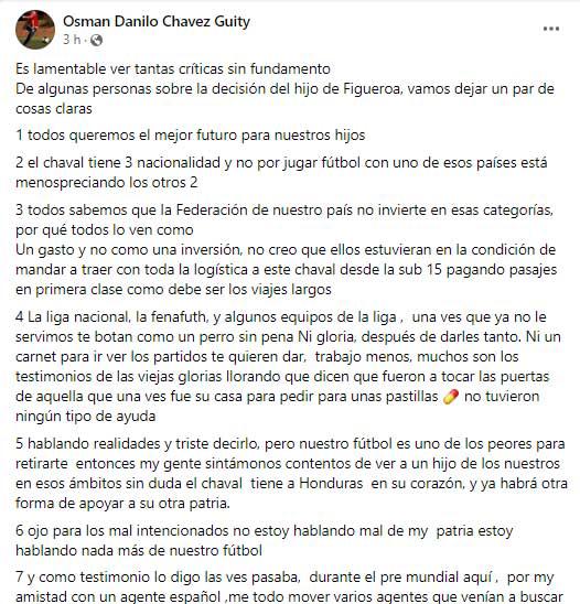 El mensaje de Osman Chávez en su cuenta oficial de Facebook.
