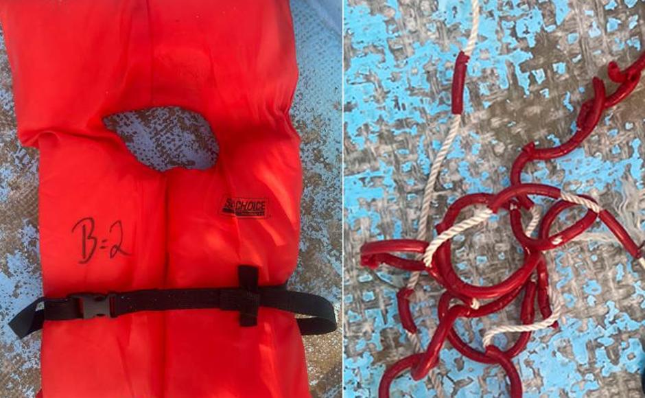 Imágenes del chaleco salvavidas y el cordón encontrados por navales del vecino país de Belice.