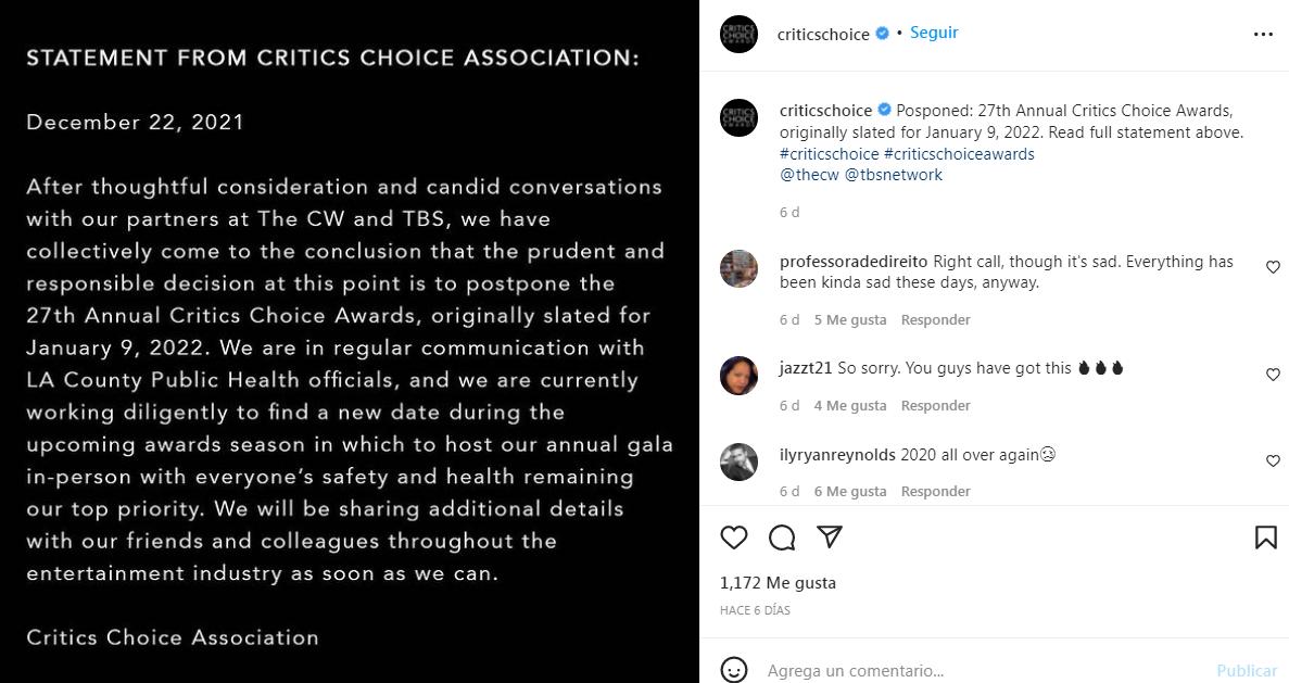 El comunicado que compartió la Critics Choice Association.
