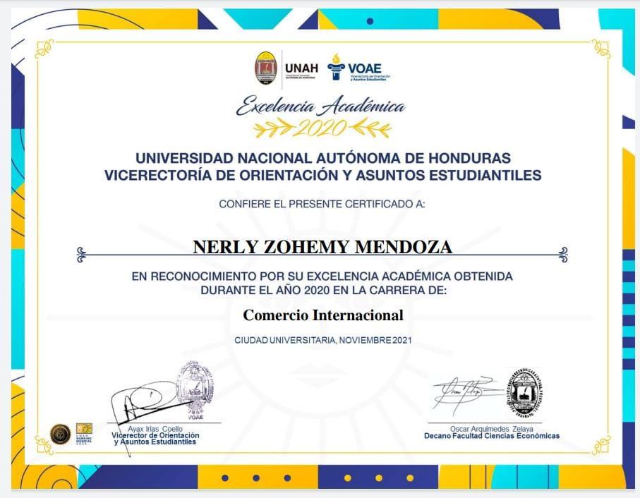 Diploma de excelencia académica de la joven Nerly Zohomy Mendoza.