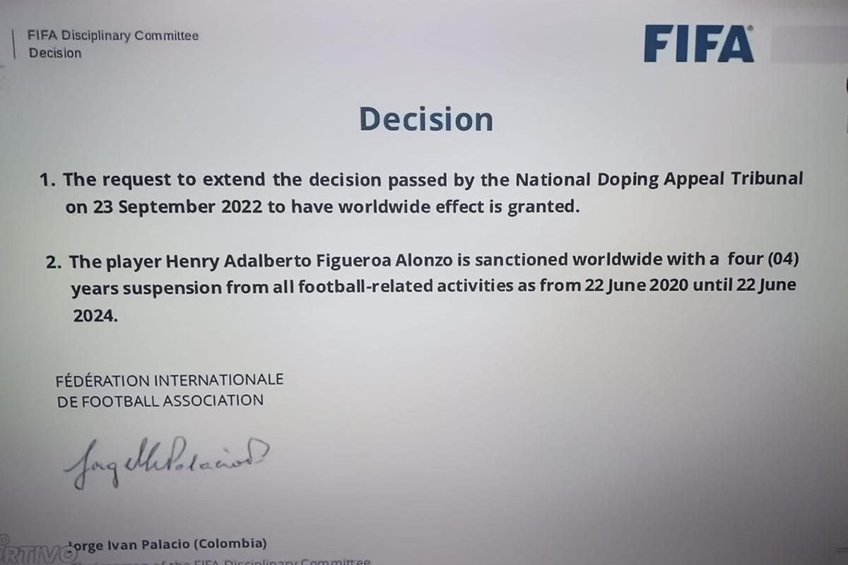 El comunicado que la FIFA hizo llegar a las oficinas del club Vida sobre la decisión con Henry Figueroa.