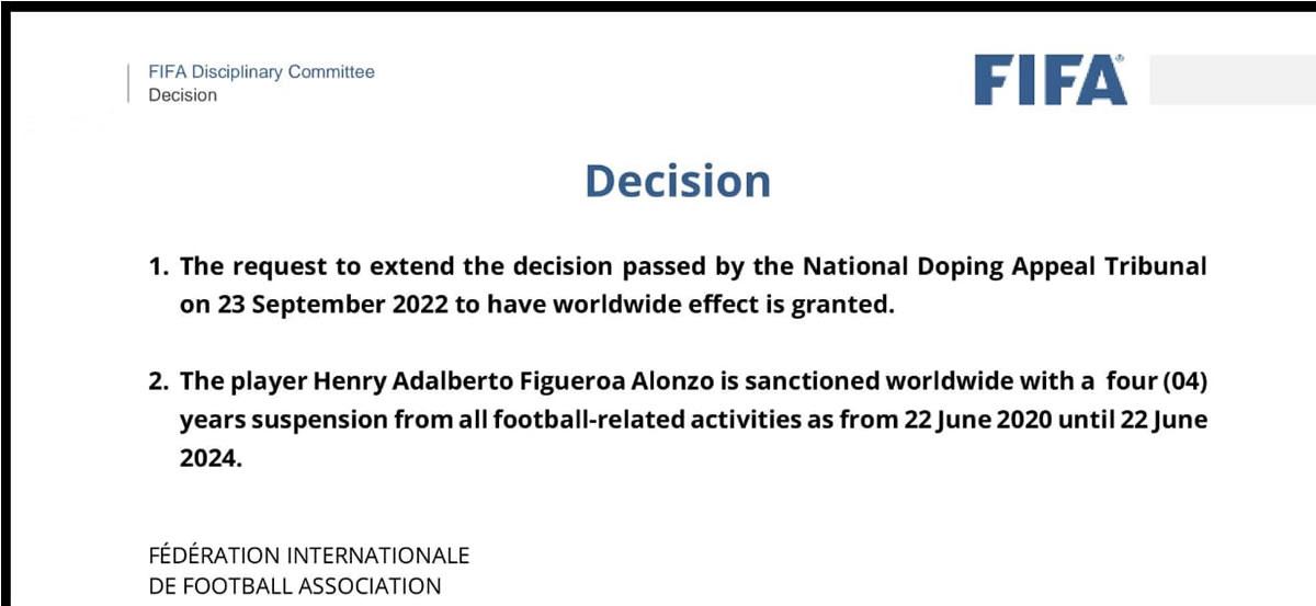 La decisión de la FIFA respecto a Henry Figueroa.