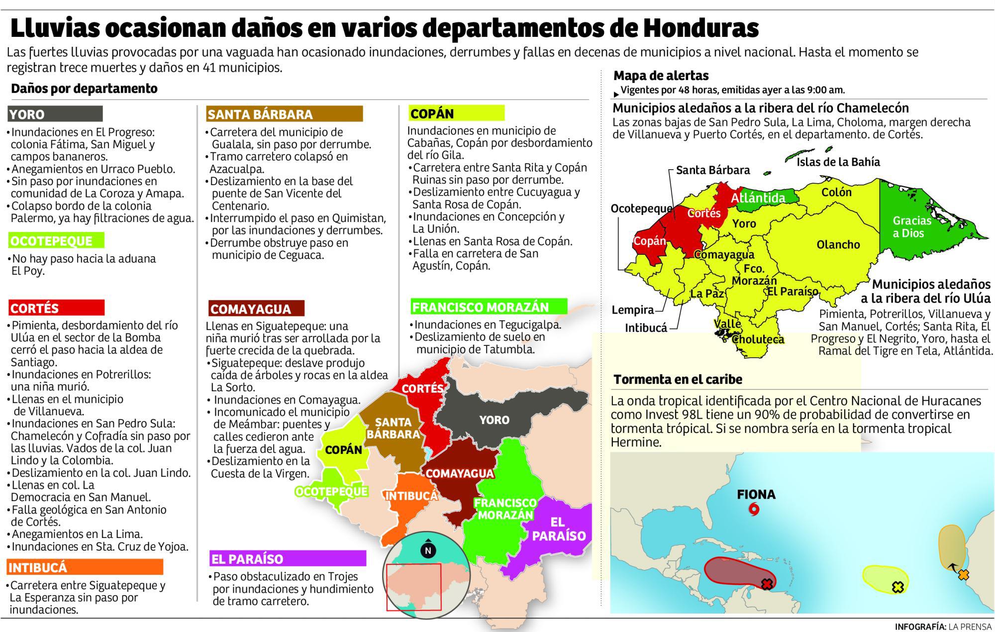 Lluvias ocasionan daños en varios departamentos de Honduras.