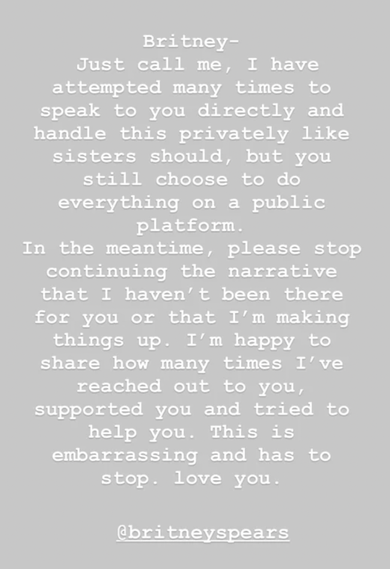 El mensaje que Jamie Lynn Spears compartió en sus stories de Instagram.