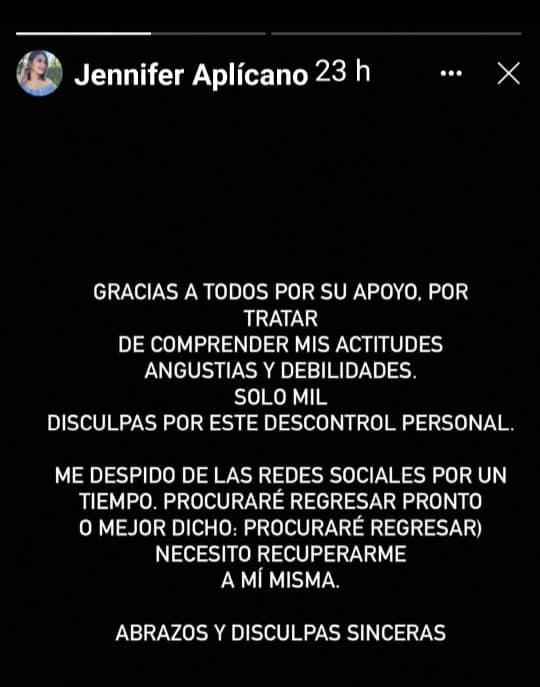 Jennifer Aplícano anunció su retiro de las redes sociales a través de este mensaje.
