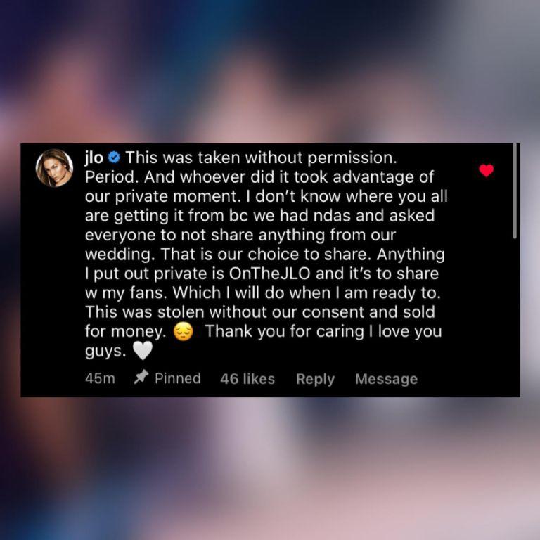 El mensaje que compartió Jennifer López tras la filtración del video de su boda.
