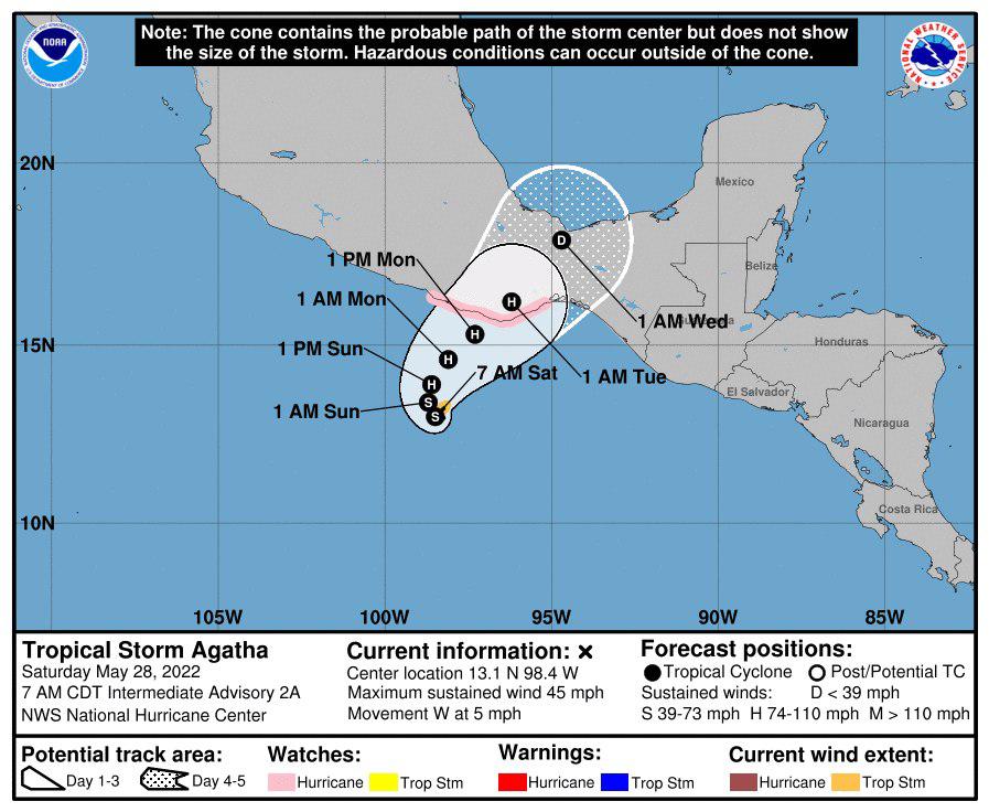 Trayectoria de la tormenta tropical Agatha, según el Centro Nacional de Huracanes (NHC, en inglés) de los Estados Unidos.