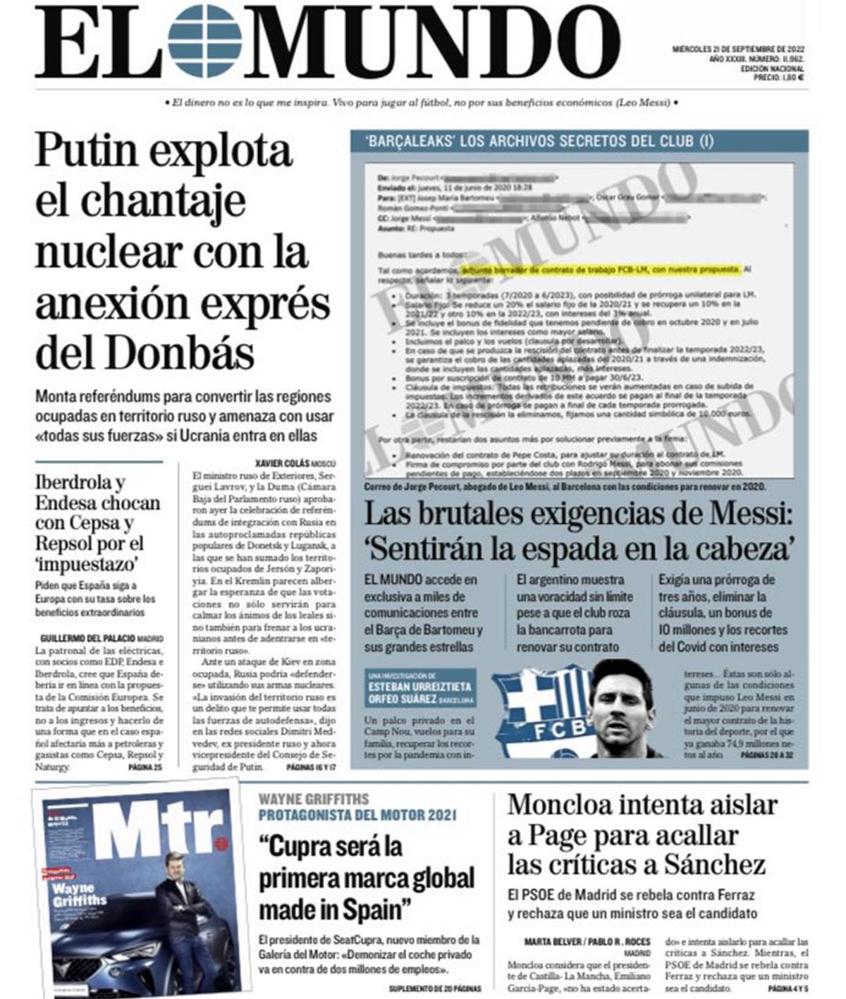 La portada del diario El Mundo en la que destapa las exigencias de Messi al Barcelona.
