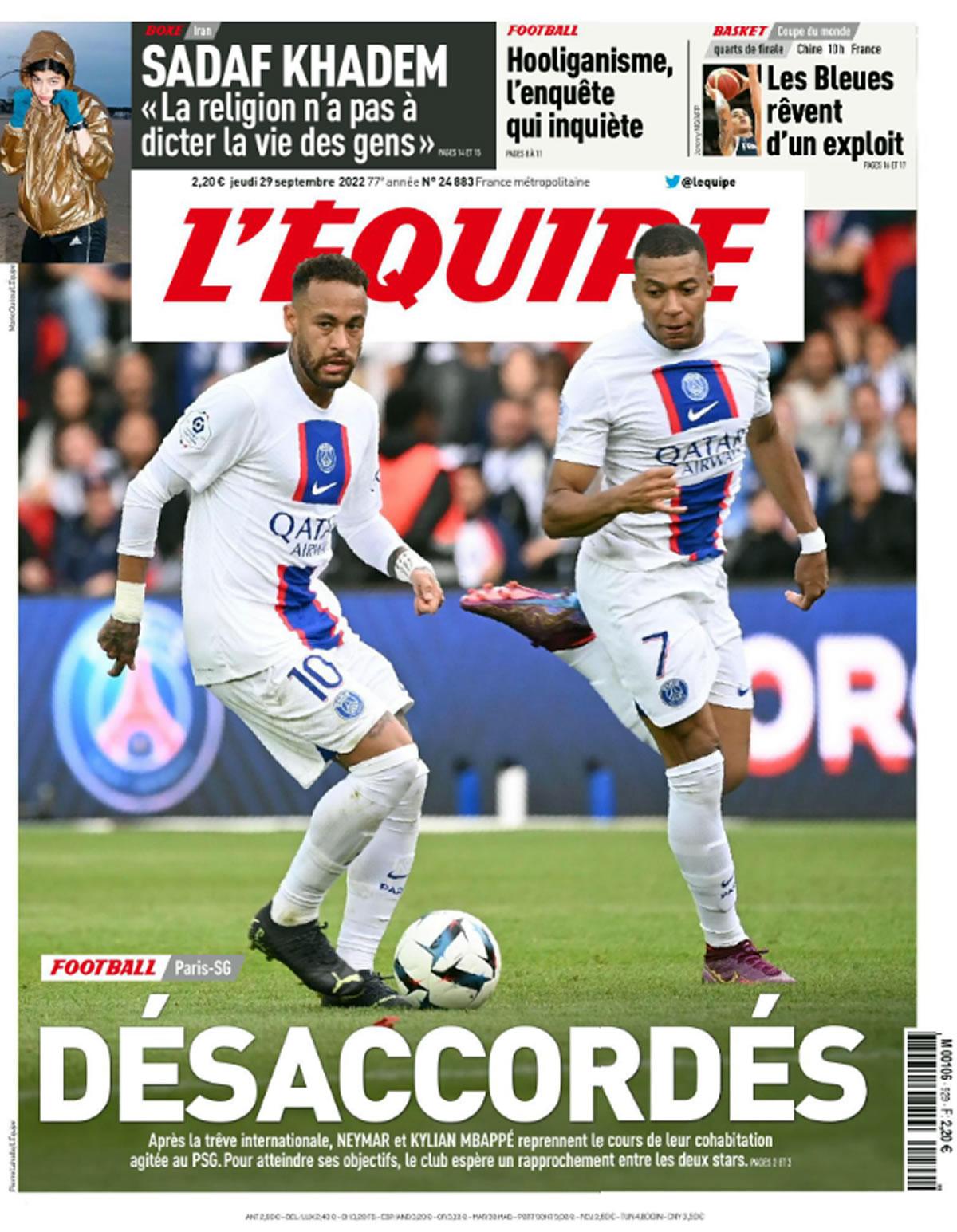 L’Equipe publicó en portada el desacuerdo entre Neymar y Mbappé.