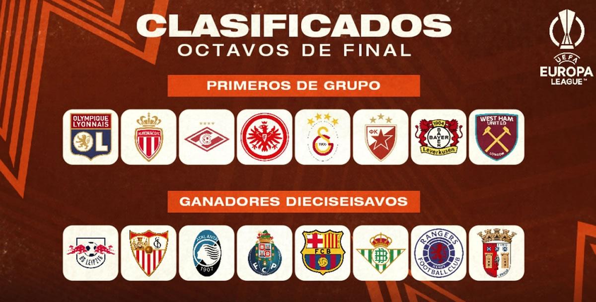 Los 16 equipos clasificados a los octavos de final de la Europa League.