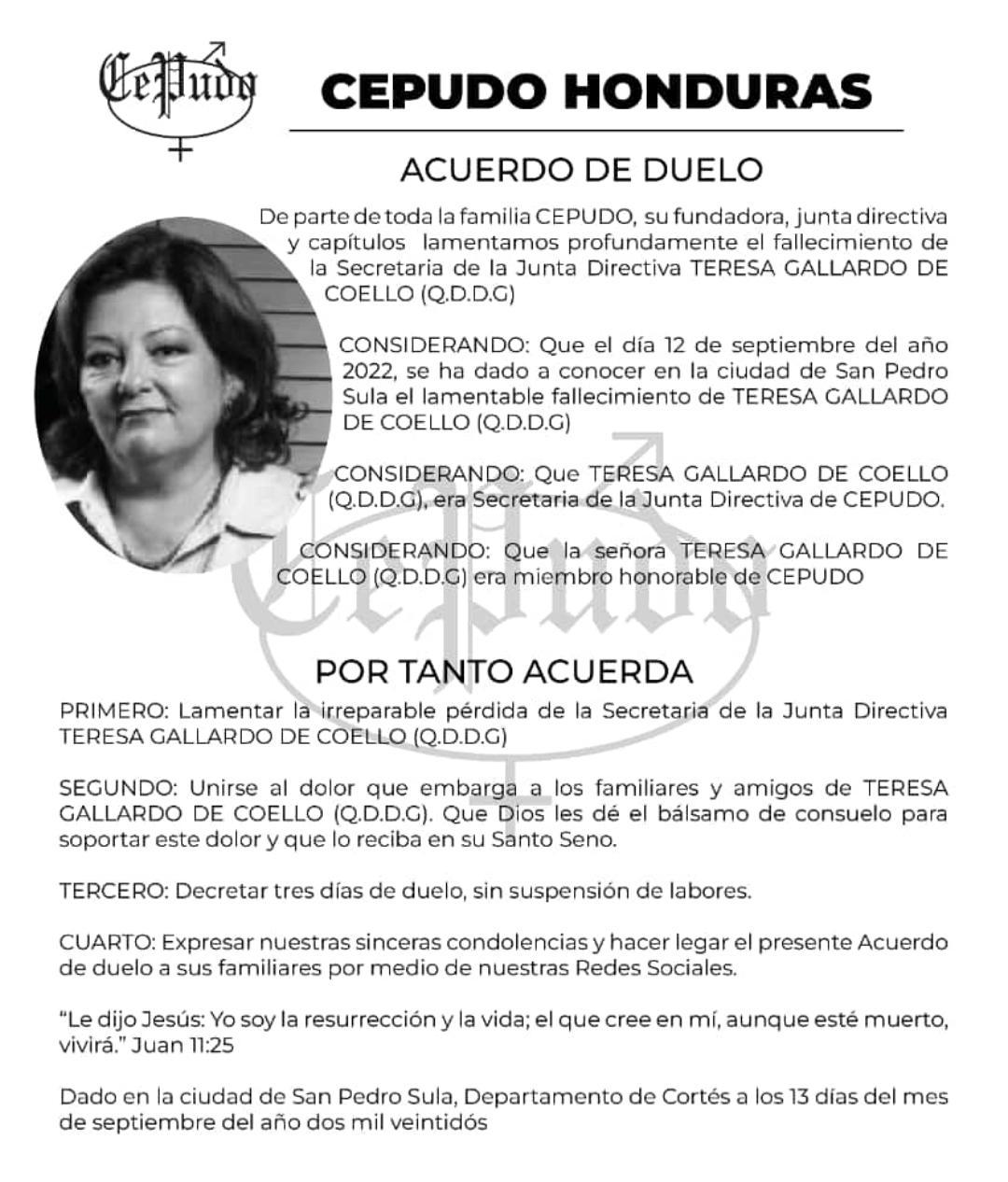 CEPUDO Honduras compartió sus condolencias por el fallecimiento de la honorable dama.